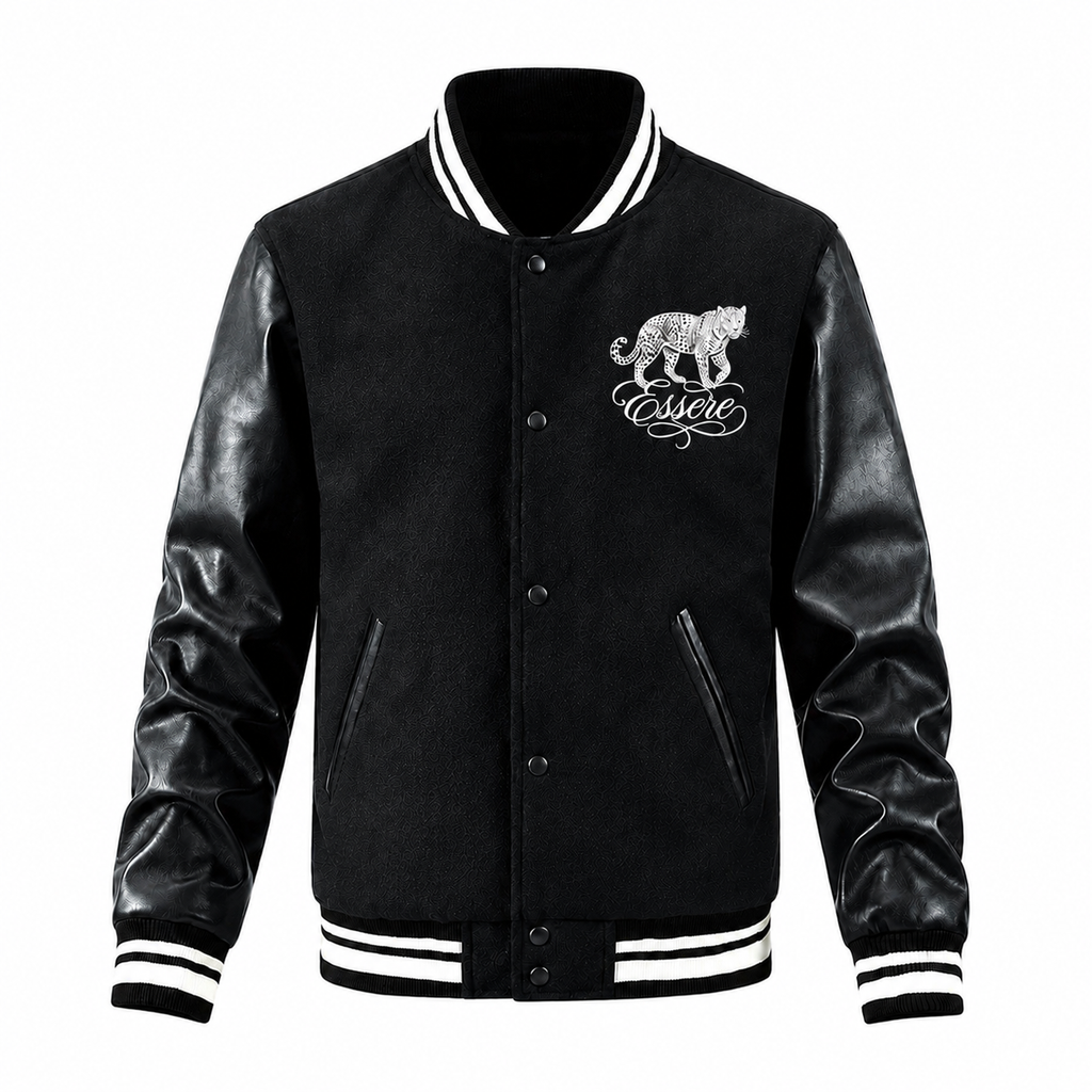 Essere Letterman Jacket in Black, Front View