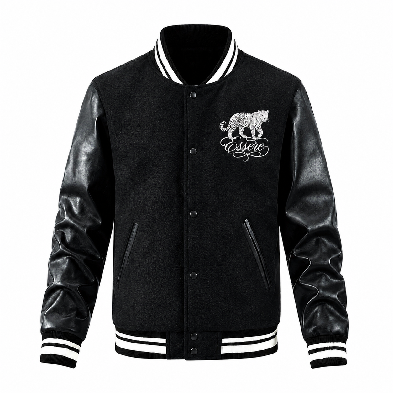 Essere Letterman Jacket in Black, Front View
