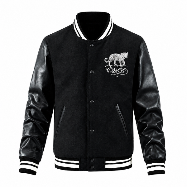 Essere Letterman Jacket in Black, Front View